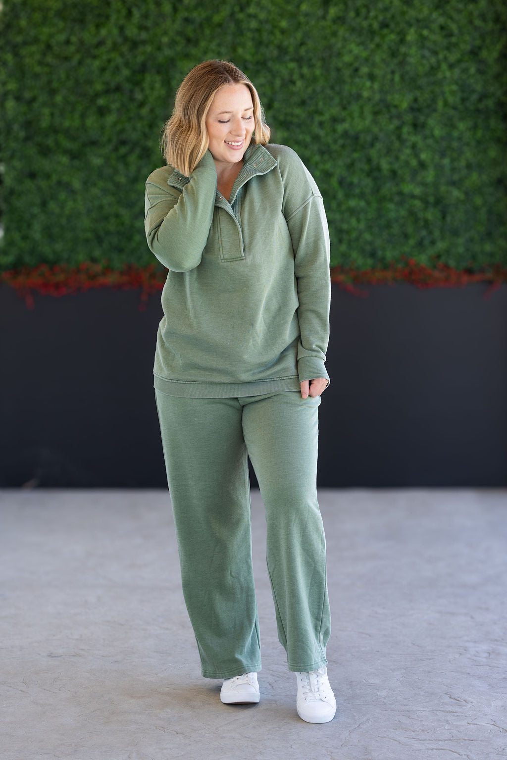 Wide Leg Vintage Wash Bottoms - Olive